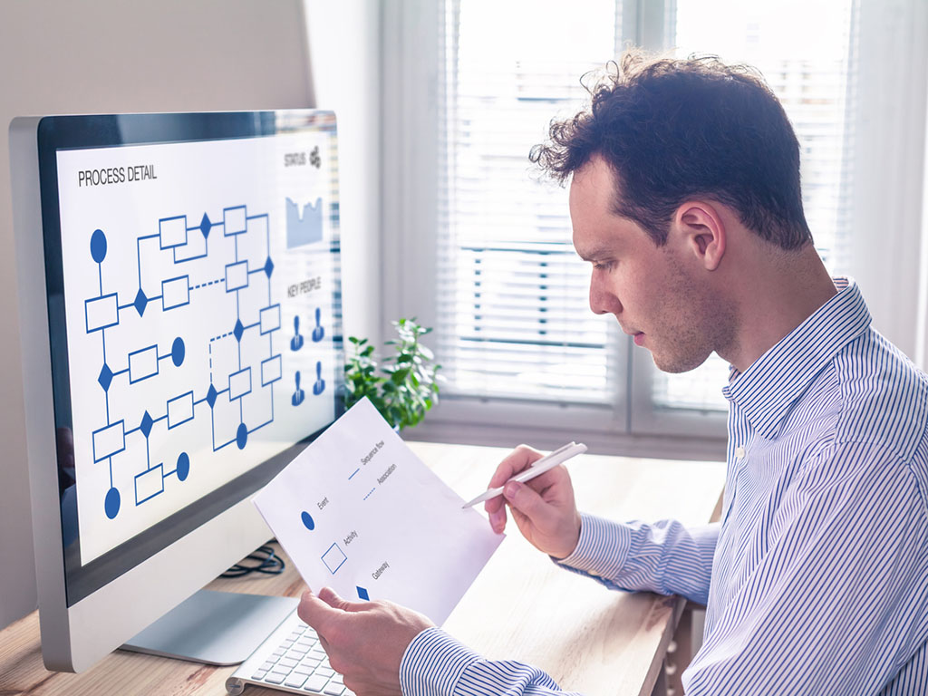 Prozessmanager sitzt vor einem Bildschirm und schaut sich eine Prozesslandkarte eines Kunden an.