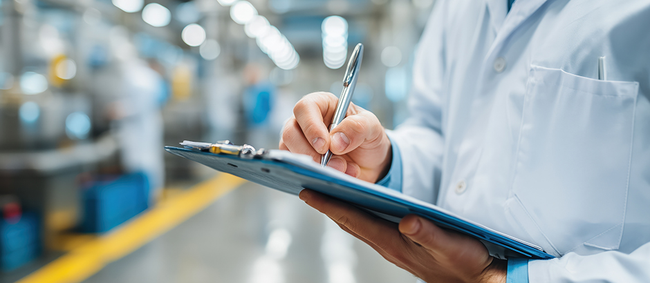 Auditor im Laborkittel macht auf einem Klemmbrett eine Prüfung der Qualitätsanforderungen und Konformität